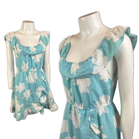 Vintage Blue Floral Hawaiian Sleeveless Mini Dress Off the Shoulder / Medium - Picture 1 of 4